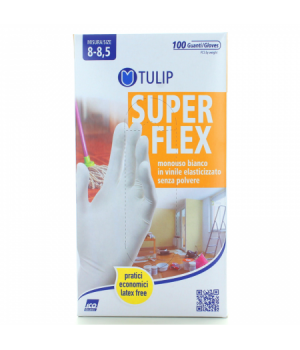 Tulip Superflex Guanti In Vinile Bianco Elasticizzato Monouso Senza Polvere 100 Pezzi Misura 8-8 5