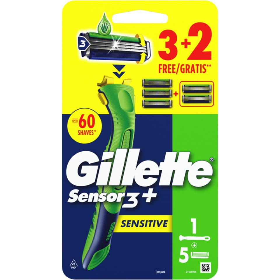 Sensor3+ Sensitive Rasoio Da Uomo A 3 Lame 1 Manico + 3 Lamette + 2 Gratis