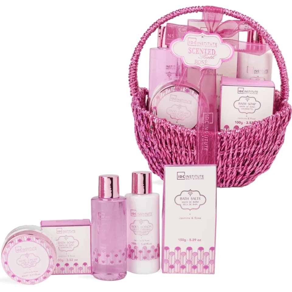 Cofanetto Rosè Handle Basket Bath Jasmine & Rose - Hand Cream 60 Ml + Bath Soap 100 Gr + Shower Gel 150 Ml + Body Lotion 150 Ml + Bath Salts 150 Gr