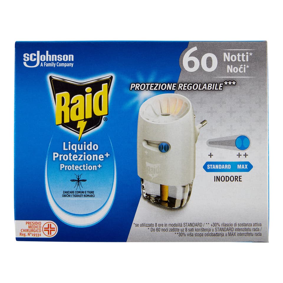 Raid Liquido Elettrico Protezione+ Antizanzare, Inodore, 60 Notti, 1 Diffusore E 1 Ricarica